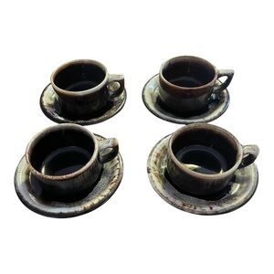 Vintage Pfaltzgraff Brown Drip Glaze Tea Cup Coffee Mug & saucer set Of 4